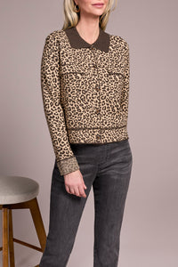 Cheetah Printed Double Knit Collared Cardigan
