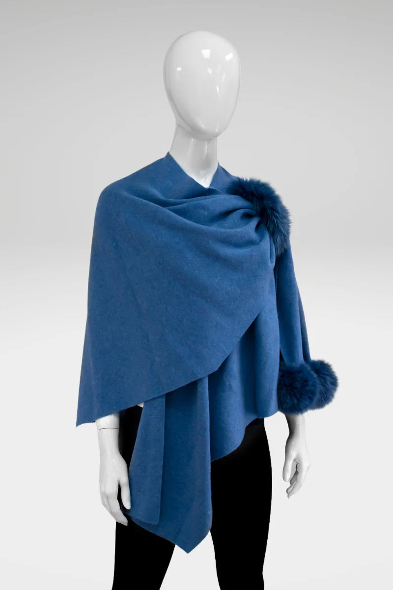 Denim Blue Knit Wrap W Fox Fur Pull Through Loop & Pom Poms