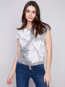 Celadon Printed Jersey Front-Knot Sleeveless Top