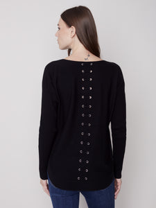 Black Knit Sweater with Back Lace-up Detail