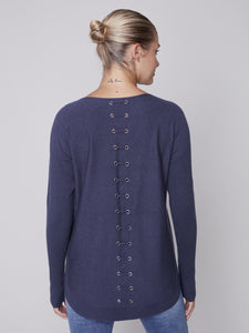 Denim Blue Knit Sweater with Back Lace-up Detail