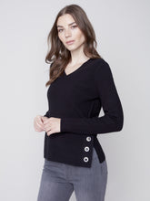 Load image into Gallery viewer, Black V-Neck Sweater With Grommet Hem
