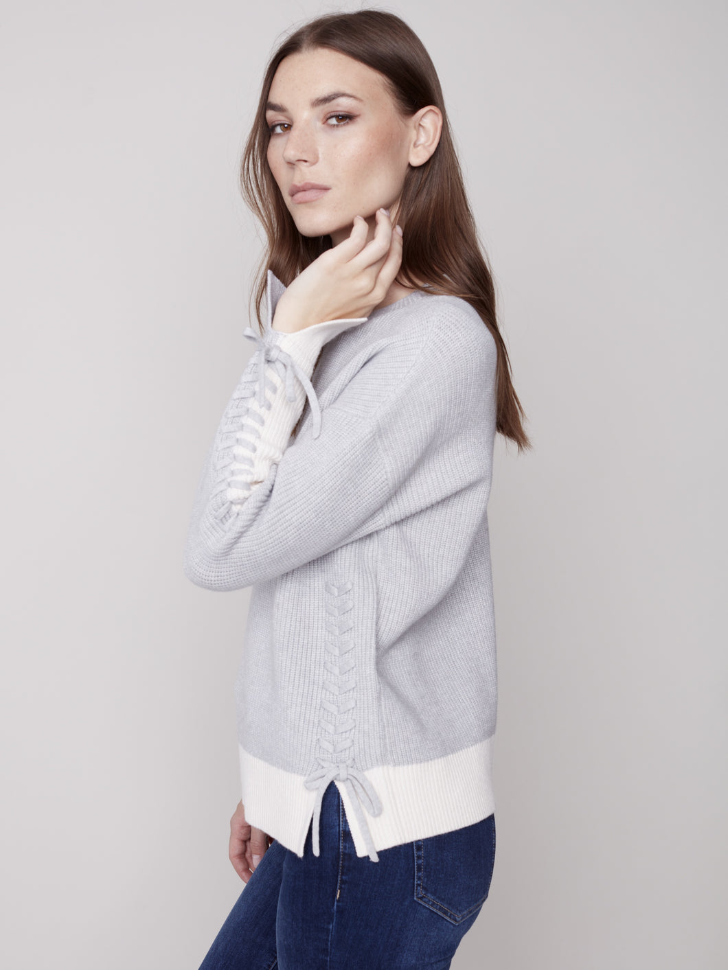 Grey Color Block Sweater with Lacing Details
