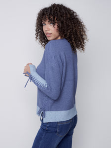 Denim Blue Color Block Sweater with Lacing Details
