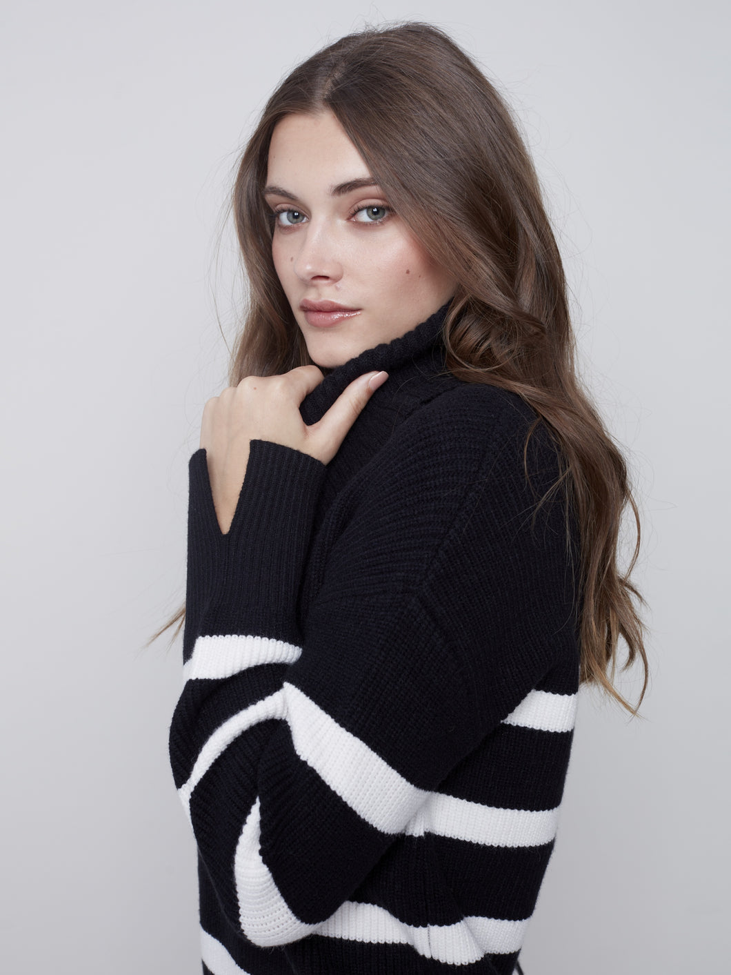 Black & White Striped Cowl Neck Sweater