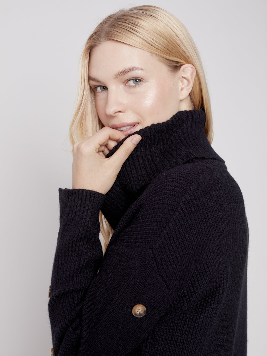 Black Cowl Neck Sweater with Button Detail