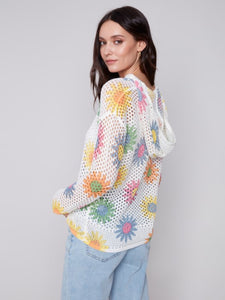 Daisy Printed Fishnet Crochet Hoodie Sweater