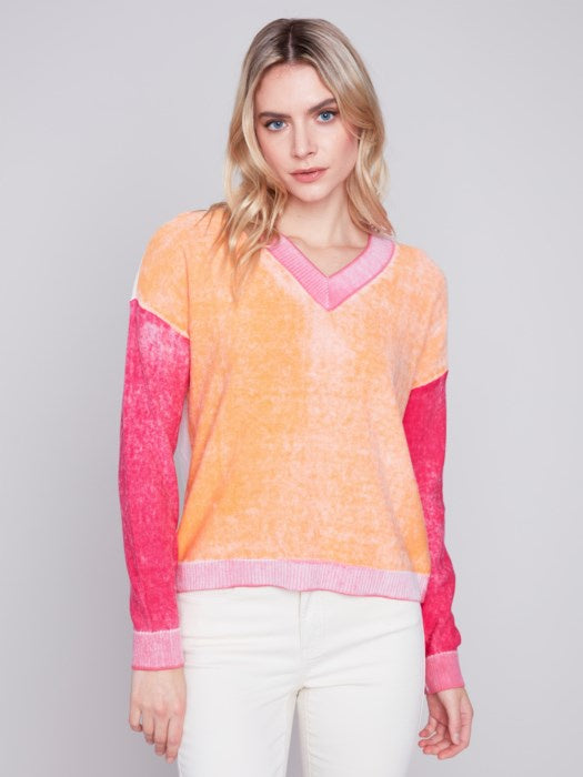 Tangerine Color Block Cotton Sweater