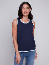 Load image into Gallery viewer, Navy Sleeveless Knit Top with Crochet Detail
