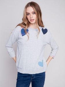Heather Grey Cotton Sweater with Heart Patches