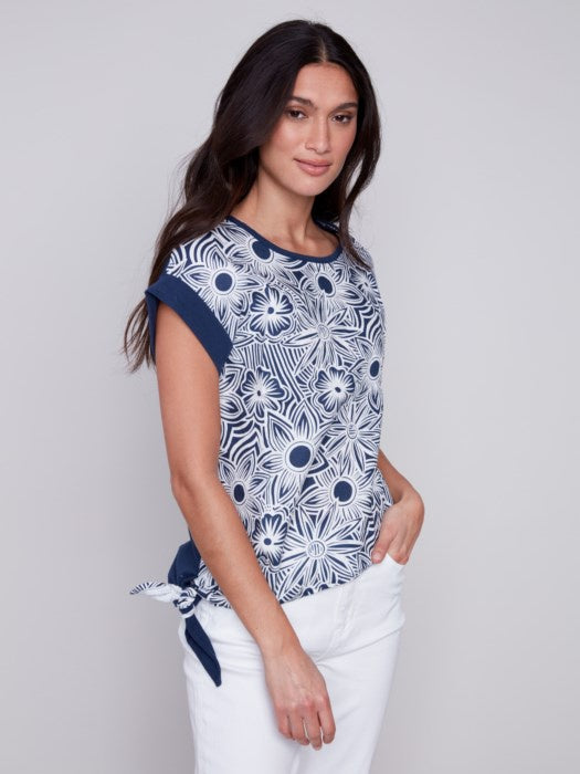 Navy Printed Linen Top with Side Tie