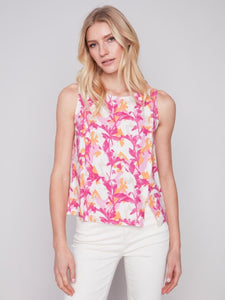 Sherbet Printed Sleeveless Linen Top with Slit