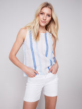 Load image into Gallery viewer, Denim Sleeveless Striped Linen Top with Button Detail
