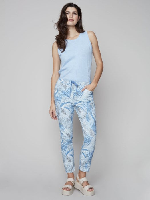 Blue Leaf Printed Crinkle Jogger Pants