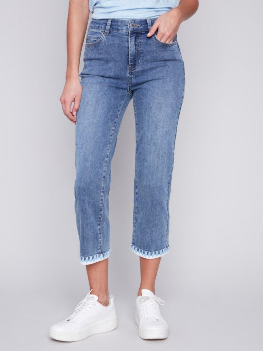 Medium Blue Straight Leg Jeans with Embroidered Stitch Hem