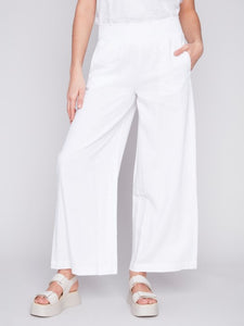 White Elastic Waist Linen-Blend Pull-On Pants