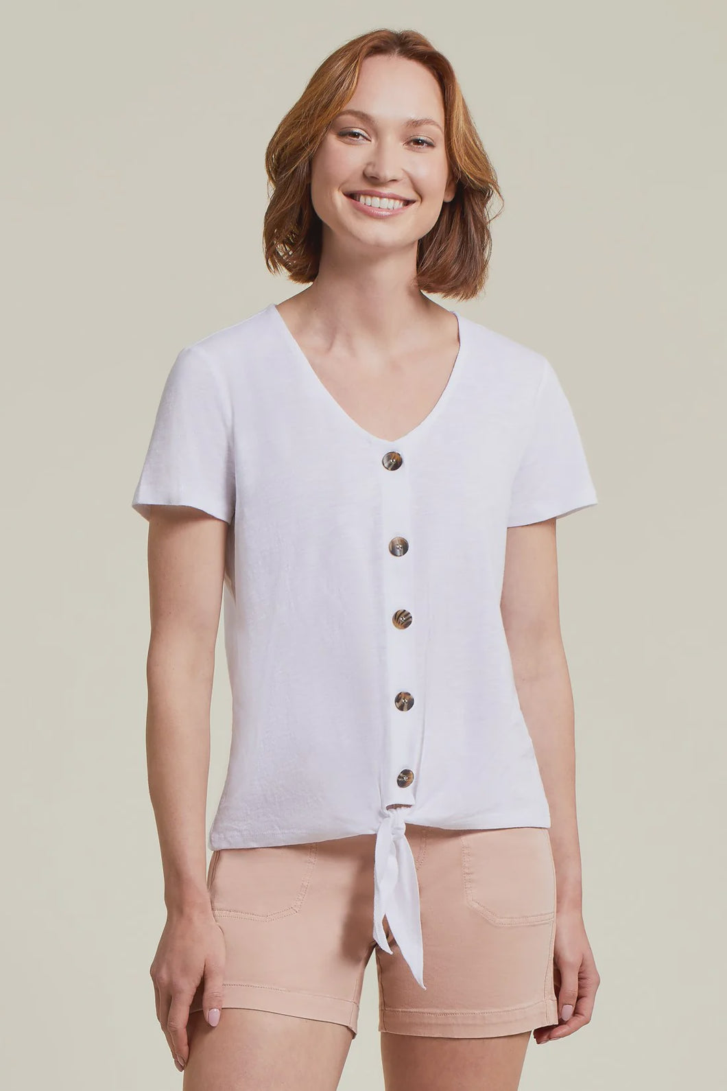 White Short Sleeve Knot Front Top