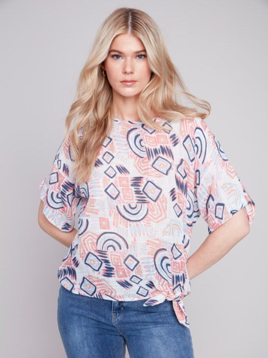 Printed Scribble Cotton Gauze Blouse with Side Tie