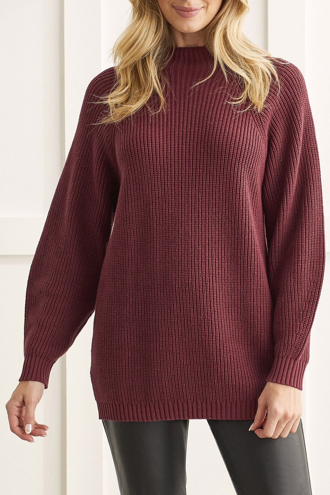 Long Red Wine Knit Mock Neck Sweater