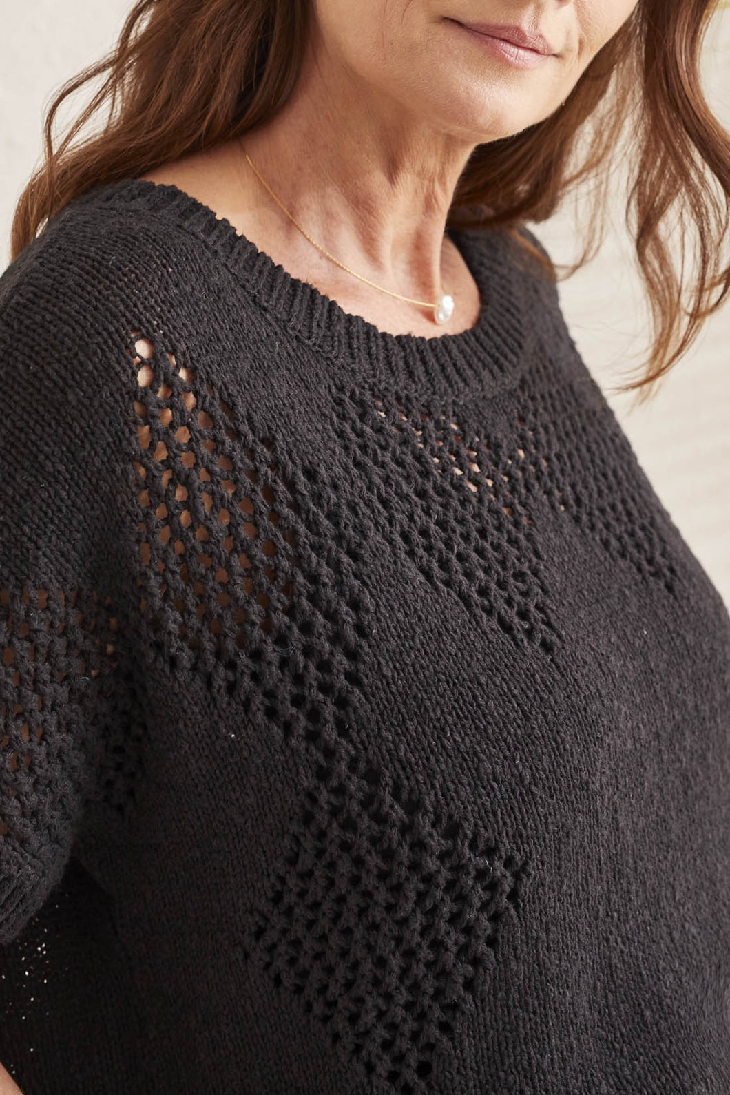 Black Crochet Knit Short Sleeve Top